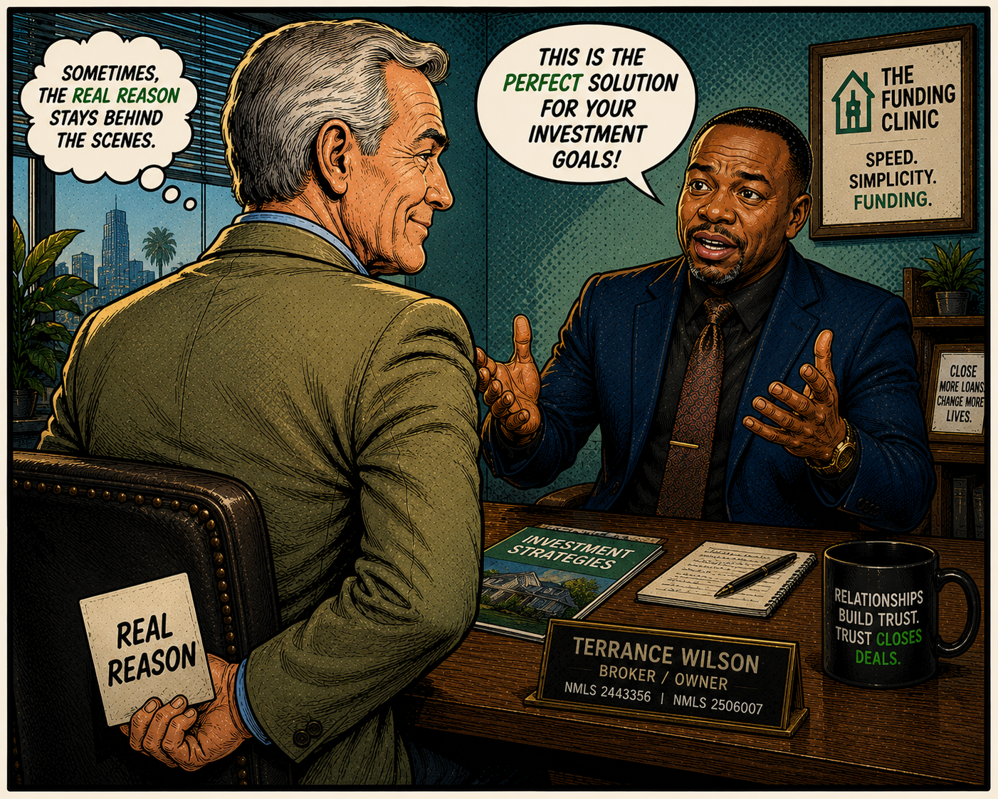 Illustration slot: investor holding a hidden card behind their back