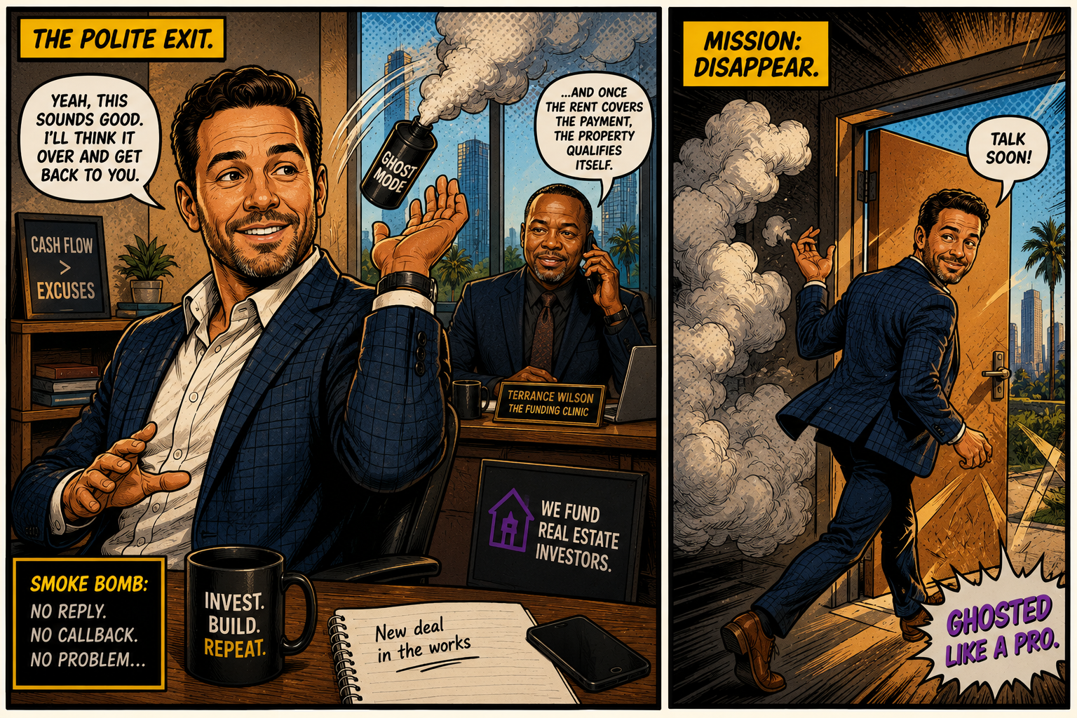 Illustration slot: smoke bomb dropped on a sales call