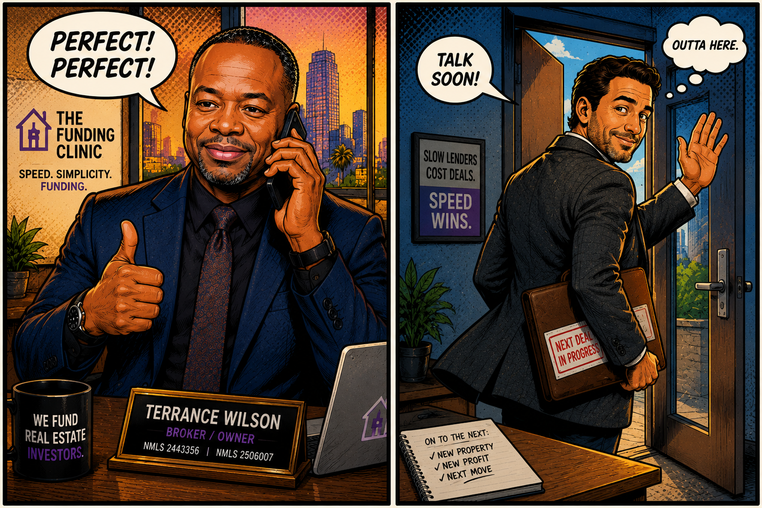 Illustration slot: Terrance saying Perfect, Perfect while prospect exits