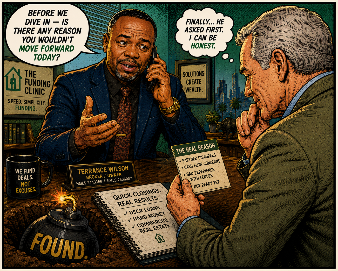 Illustration slot: broker asking a question before handing over the quote