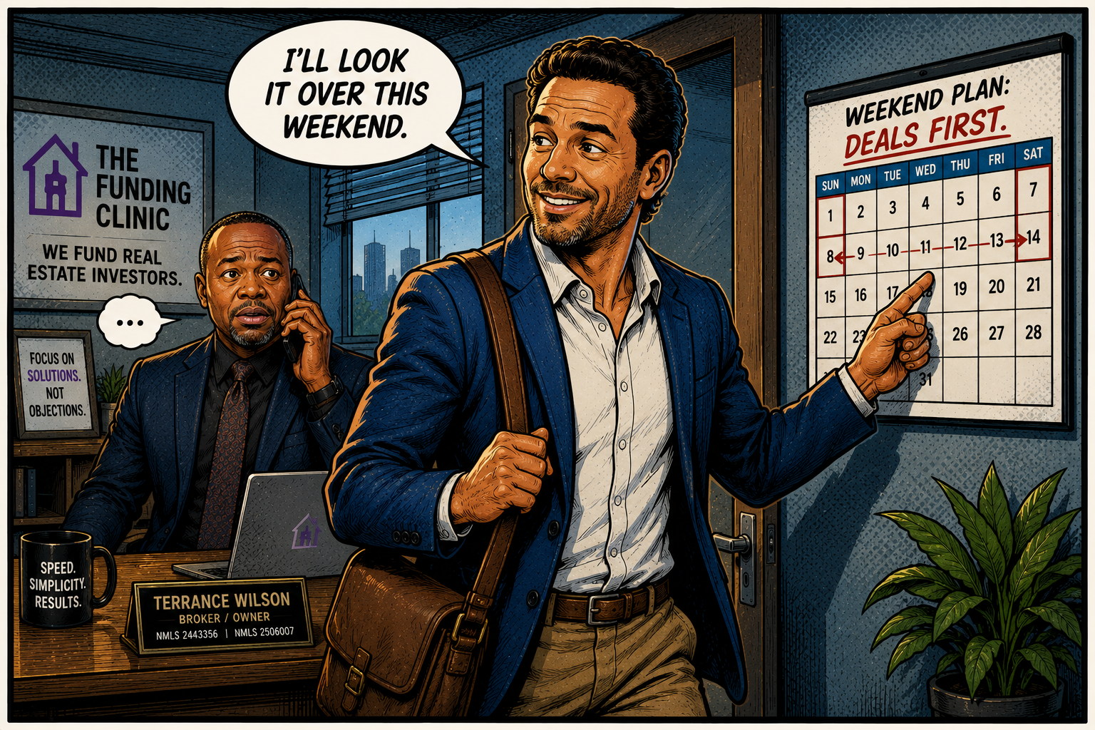 Illustration slot: prospect walking away with a calendar