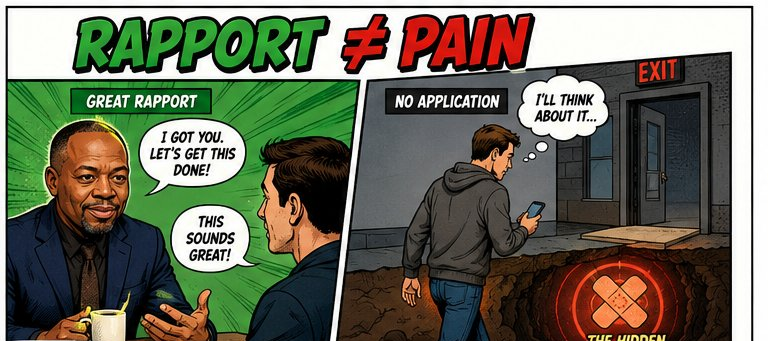Illustration: Rapport vs pain — great rapport but no application